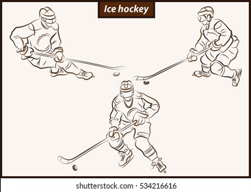 Set of a vector illustration shows a hockey player in attack. Ice Hockey