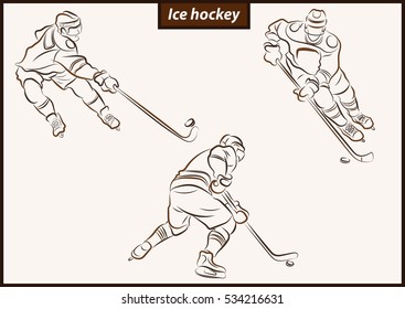 Set of a vector illustration shows a hockey player in attack. Ice Hockey