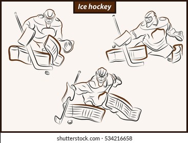 Set of a vector illustration shows a hockey goalkeeper in action. Ice Hockey