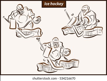 Set of a vector illustration shows a hockey goalkeeper in action. Ice Hockey