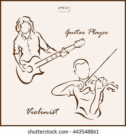 Set of a vector Illustration shows a man with a guitar and man playing the violin