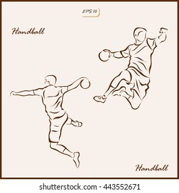 Set of a vector Illustration shows a player throws a ball in a jump. Handball