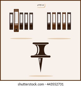 Set of a vector Illustration shows a Stationery.  Folders for papers and drawing pin. Sign and symbol