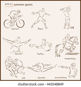 Set of a vector Illustration shows a Summer Sports. Cycle track, Discus, Golf, Gymnastics, Ping-pong, Horseback riding, judo, Sport pistol shooting