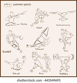 Set of a vector Illustration shows a Summer Sports. Canoeing, Volleyball, Synchronized swimming, Basketball, Yachting sport, Tennis, Water polo, Boxing, Weightlifting