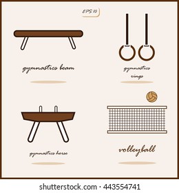 Set of a vector Illustration shows a Summer Sports. Gymnastics beam, Gymnastics horse, Gymnastics rings, Volleyball