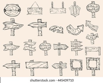 Set of vector illustration of sign boards doodle sketch style. Vector illustration. Hand drawn Doodle artwork. Summer concept for party card, ticket, branding, logo, label. Black, beige color
