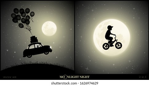 Set of vector illustration with silhouette of boy on bike flying in sky on moonlit night. Retro car flies on balloons. Flight in dream. Full moon in starry sky