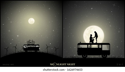 Set of vector illustration with silhouette of loving couple traveling in camper on moonlit night. Retro car between windmills. Romantic marriage proposal. Family road trip. Full moon in starry sky