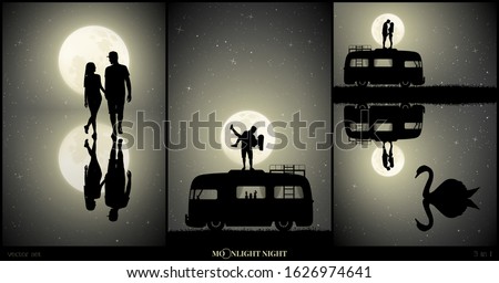 Set of vector illustration with silhouette of loving couple in park on moonlit night. Two lovers walk after rain. Guy carry girl on roof of retro car. Swan on lake. Full moon in starry sky