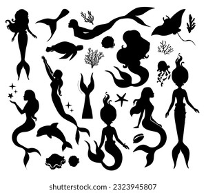 Conjunto de siluetas de silueta vectorial y habitantes marinos sobre un fondo blanco aislado. Colección en blanco y negro