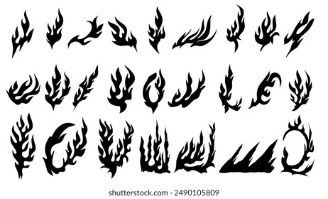Set of Vector illustration of silhouette shapes of fire flame, abstract shapes blazing fire black and white