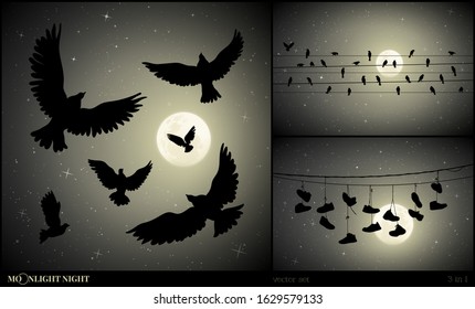 Set of vector illustration with silhouettes of flying birds and shoes on moonlit night. Flock of pigeons in sky. Shoes hanging on wires. Full moon in starry sky
