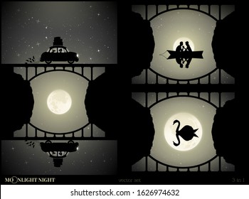 Set of vector illustration with silhouettes of people and bridge on moonlit night. Woman and dog traveling in retro car. Lovers in boat under bridge. Swan on lake. Full moon in starry sky