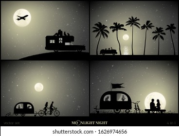 Set of vector illustration with silhouettes of people in camper on moonlit night. Lovers and pets on roof of retro car. Newlyweds traveling on bike tandem. Palm beach. Full moon in starry sky