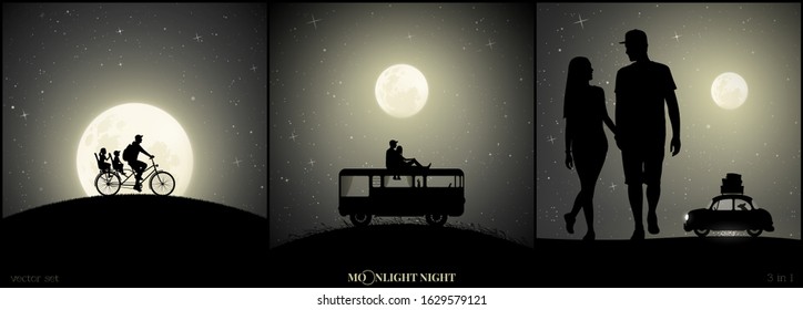 Set of vector illustration with silhouettes of people and retro cars on moonlit night. Father with children on bicycle. Couple on roof of camper. Lovers walk on beach. Full moon in starry sky