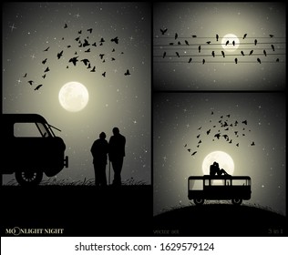 Set of vector illustration with silhouettes of people and flying birds on moonlit night. Old lovers near retro car. Birds on wires. Couple on roof of camper. Full moon in starry sky