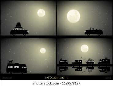 Set of vector illustration with silhouettes of people and pets traveling in camper on moonlit night. Retro cars on road. Family road trip. Full moon in starry sky