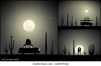Conjunto de Ilustración vectorial con siluetas de personas y coches retro en la noche con luz de luna. Camper entre cactus. Amantes en el parque. Paisaje con cactus. Viaje familiar por carretera. Luna llena en el cielo estrellado