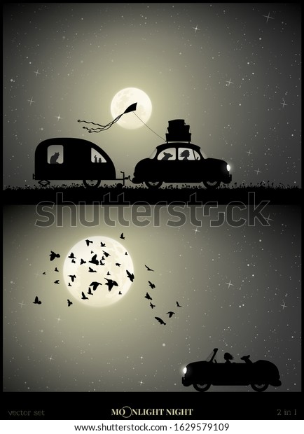 Set of vector illustration\
with silhouettes of woman and dog traveling on moonlit night. Flock\
of birds and retro car on road. Family road trip. Full moon in\
starry sky