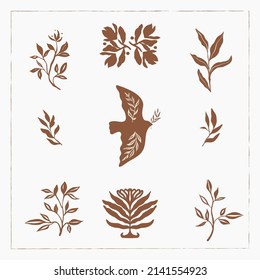 Set vector illustration in simple hand drawn and linocut style - natural print, poster or logo template - nature illustration - dove, flowers and freedom