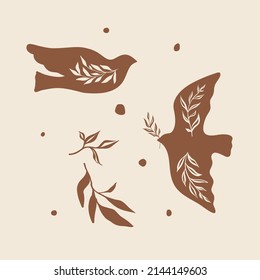 Set vector illustration in simple hand drawn and linocut style - natural print, poster or logo template - nature illustration - dove, flowers and freedom