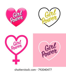 Set of Vector Illustration in Simple Style with Hand-lettering Phrase Girl Power. Stylish Print for Poster, T-shirt, Postcard. Feminism Quote and Woman Motivational Slogan