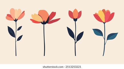 Set of vector illustration of a single flower on a light background