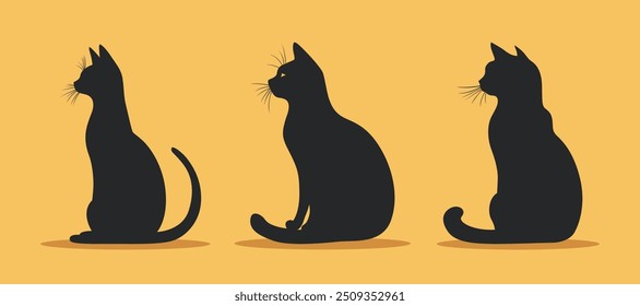 Set of vector illustration of sitting cat silhouette on light background