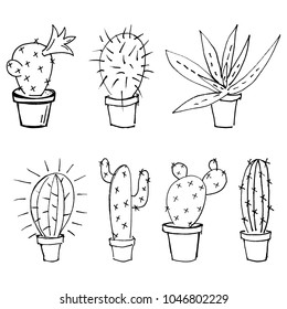 set of vector illustration of sketch of cactus and aloe drawn by black marker isolated on white background