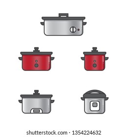 set of vector illustration slow cooker for rice and other food in kitchen preparing flat design style