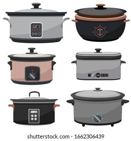 set of vector illustration slow cooker for rice and other food in kitchen preparing flat design style