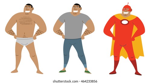 set of vector illustration: smiling man superhero, male character in shorts, jeans and t-shirt