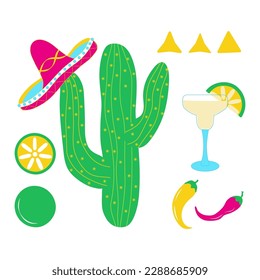 Set of vector illustration: sombrero, cactus , lime, chilli pepper and cocktail margarita. Festive isolated objects for Mexican national holiday and cuisine decoration 