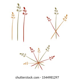 Set vector illustration with spikelets of wheat and field grass. Logo eco friendly fabrics. Design element for fabrics, shops, clothes, textiles, eco-goods. Isolated on white background.