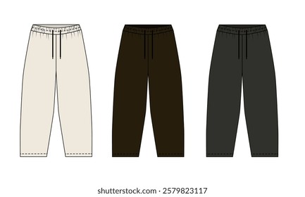 Set of vector illustration of sports pants on elastic band, white, brown, gray colors. Sketch of fashionable running pants with barrel cut. Template of sports pants on a drawstring.