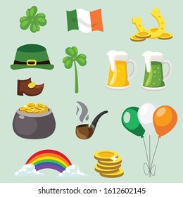 Set vector illustration of St.Patrick's Day Elements. hat,shoe,flag,gold coin,horseshoe,balloon,rainbow,pipe,golden pot,beer,clover,beer. 