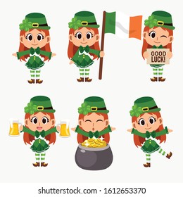 Set of vector illustration of St.Patrick's Day Cute cartoon mascot Character. Variety of st Patrick cute girl character. Girl Leprechaun.