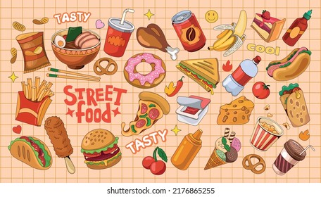 Set of vector illustration of street food from different countries. Colorful images of drinks, desserts, breakfasts on a dark background in vintage style. It is used to decorate cafes and restaurants.