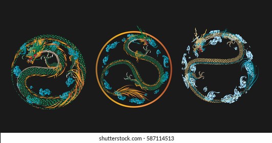 Set vector illustration of stylized dragon.