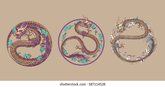 Set vector illustration of stylized dragon.