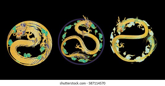 Set vector illustration of stylized dragon.