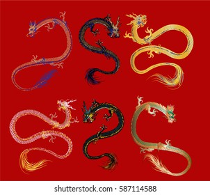 Set vector illustration of stylized dragon.