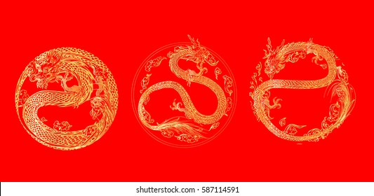Set vector illustration of stylized dragon.