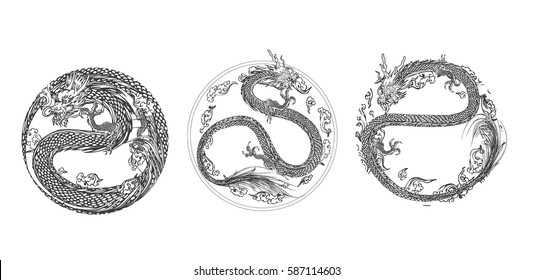 Set vector illustration of stylized dragon.