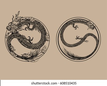 Set vector illustration of stylized dragon. for tattoo and background.