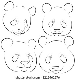 Set of vector illustration. Stylized pandas faces. Hand drawn linear sketch.  Black silhouette on white background.