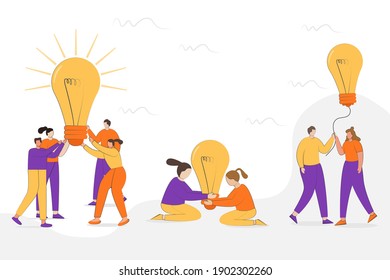 Set of Vector illustration successful idea with people holds a light bulb. Creative idea flat design concept