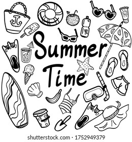 conjunto de ilustraciones vectoriales personal de doodle de verano con letras. verano. Ilustraciones de viaje.