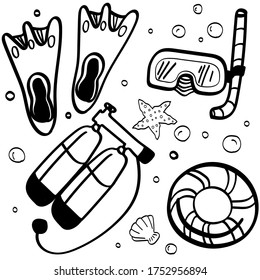 Satz von Vektorgrafik Sommerdoodle. Sommerzeit. Modezubehör. Aquakulturpersonal